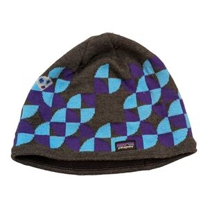 Patagonia Youth Beanie L/XL Brown Purple Turquoise Geometric Fleece Lined Winter
